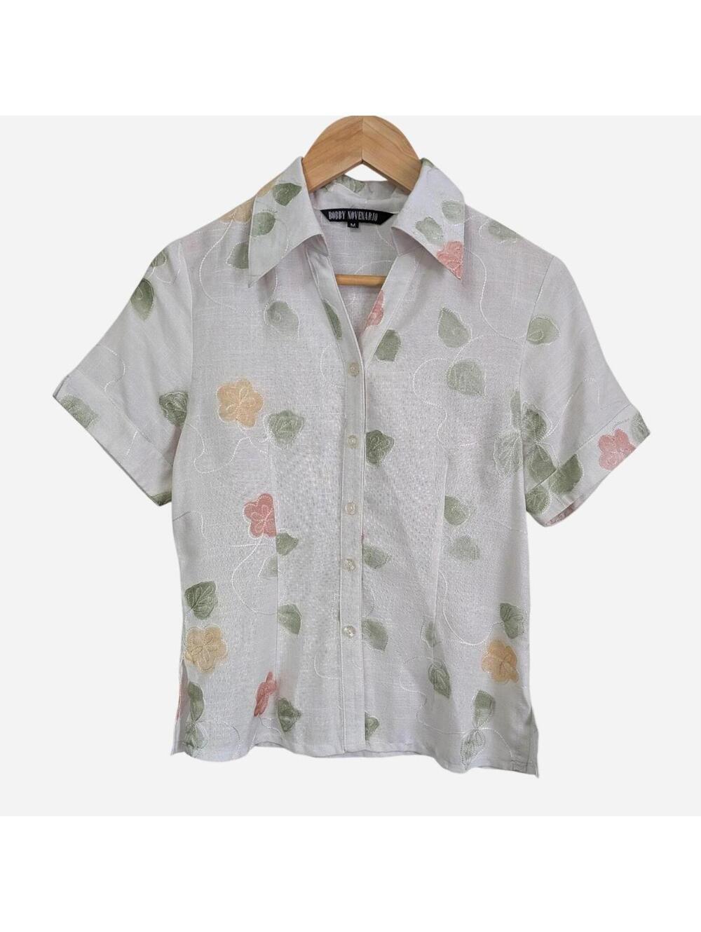 1970s Bobby Novenario Embroidered Floral Appliqué Sheer White Linen Blouse S/M